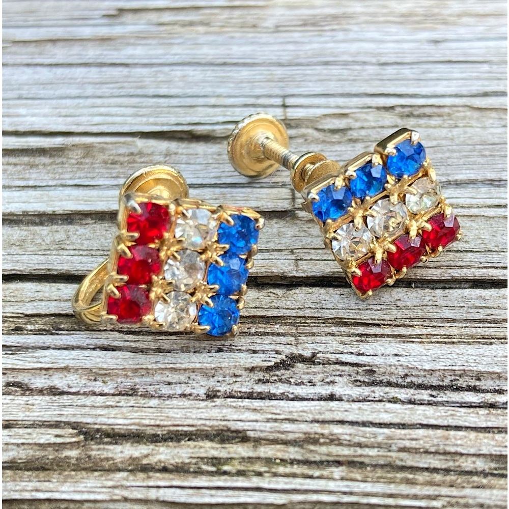 Vintage Red White Blue rhinestone screw back earrings Very Patriotic